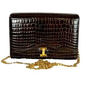 VTG Bienen-Davis Purse Brown Croc Embossed Leather Gold Hardware Hollywood Glam